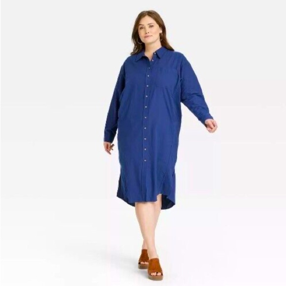 Universal Thread Blue Button-Front Midi Shirt Dress